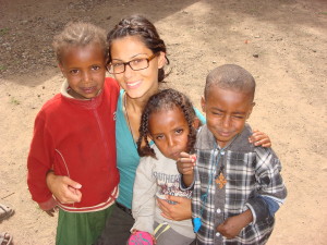 Kristine Soufian with some of the children of the Ethiopian village Ropi. 