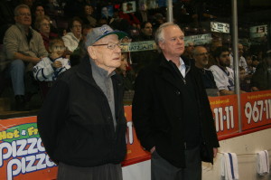 The Maple Leaf alumni had qualified coaching behind the bench in the persons of goaltending legend Johnny Bower, accompanied by ace goalie Mike Palmateer. Photo by Bill Rea 