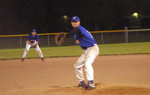 Bolton Brewers' pitcher Mike Blackwood goes into the windup during the third inning of their home game against the Lisle Astros under the lights at North Hill Park in Bolton last Thursday. Photo by Brian Lockhart