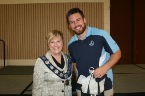 Mayor Marolyn Morrison with Toronto Argonaut David Lee.