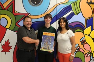 Alex Sincennes' creation was selected by the jury as the winner in the Caledon Fair poster competition. He is seen here with Tim Forster, first vice-president of the Caledon Agricultural Society, and his teacher Denise Chuck. Photo submitted 