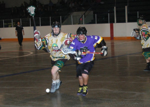 Caledon's Chris Dimartino races for the ball with a Shelburne Vets player during Friday's Junior C game in Shelburne. The Bandits left with a 7-4 win. It was their third win of the season. Photo by Brian Lockhart