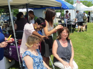Dufferin-Caledon MPP Sylvia Jones and Councillor Patti Foley were among those having pink strands added to their hair in support of Wellspring Chinguacousy and their second annual Show You Care, Take the Pink Hair Dare campaign, which was launched at Caledon Day. The campaign gives people the chance to show their support for anyone fighting cancer. Natalie Francis of March College and Marley Batenchuk of Wellspring were attaching the strands. 