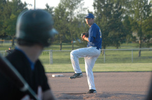 Bolton Brewers pitcher Brett Barwick goes into the windup early in the game during last Thursday night's match-up with the Creemore Braves at North Hill Park in Bolton. Photo by Brian Lockhart
