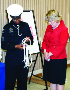 There were several demonstrations that were part of the annual review. Leading Seaman Tyler Webber was demonstrating some knots for Dufferin-Caledon MPP Sylvia Jones. 