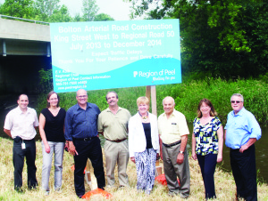 Construction on the final portion of the Bolton Arterial Road (BAR) is set to begin next week, and a host of officials from the Town, Peel Region and Toronto and Region Conservation Authority (TRCA) were out on Duffy's Lane Monday to mark the occasion, including Councillor Rob Mezzapelli, TRCA Senior Planner Sharon Lingertat, Councillors Allan Thompson and Nick deBoer, Mayor Marolyn Morrison, Regional Chair Emil Kolb, Councillor Patti Foley and Regional Commissioner of Public Works Daniel Labrecque.  Photo by Bill Rea