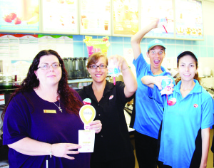 MIRACLE TREATS AT DAIRY QUEEN Last Thursday (Aug. 8) was Miracle Treat Day at Dairy Queen stores, including the one in Bolton. Proceeds from sales of Blizzards and balloons were matched by Scotiabank and went to the Children's Miracle Network through the Hospital for Sick Children. Scotiabank Customer Representative Anna Marie LeBlanc is seen her with store Manager Cassandra Nichol and employees Michael Joel and Jessica Inchima. Photo by Bill Rea