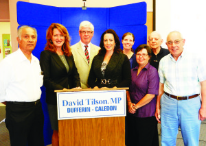 Dufferin-Caledon MP David Tilson is seen here with some of those taking part in his recent Seniors' Information Expo in Caledon East — Alex Rodrigues (president of the Caledon Seniors Council); Candace Chartier (CEO of the Ontario Long Term Care Association); Jennifer Doig (Body By Jen); RCMP Constable Jennifer George; Cheryl Jamieson (Region of Peel); Brock Godfrey (Canadian Anti-Fraud Centre); and Harvey Rutter (vice-president of the Caledon Seniors Council). Photo submitted