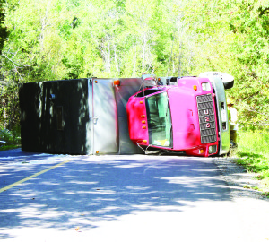 TRUCK FLIPS MONDAY Humber Station Road was blocked for several hours Monday after this truck rolled on its side. Caledon OPP reports the truck, which was carrying liquid, went out of control on the S curves south of Castlederg Sideroad. Police said there was no contamination from the spill and no injuries.