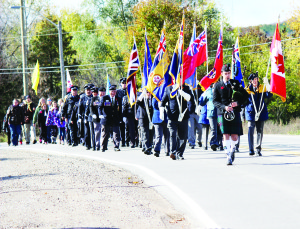 Remembrance services were held last Sunday in Caledon East and Mono Mills. This parade made its way along Old Church Road to the Cenotaph outside of Town hall in Caledon East.