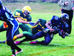 A Castlebrooke Dragons player is dropped for a loss of yards by two Wolfpack defenders during last Wednesday's final regular season game at Robert F. Hall Catholic Secondary School. The Wolfpack ended the regular season undefeated and will now go into the playoffs as the first place team. Photo by Brian Lockhart