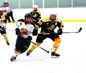 Caledon Golden Hawks forward Christian Bonaldi and Stayner's Derick Robertson chase the puck during the third period of Sunday's Junior C game at Caledon East arena. The Hawks had to settle for a 4-3 loss after the game went to a shoot-out to settle the score. Photo by Brian Lockhart