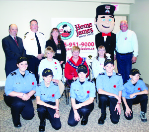 Members of the Royal Canadian Sea Cadets (Crescent) Amber Coupland, Karolina Drozd, Carly Turrell, Joseph Whalen and Pete Drozd were at the front of the picture at the official launch last Thursday of the HomeJames program. Also on hand were HomeJames Caledon Chairman Tayler Parnaby; Inspector Dom Beckett, interim commander of Caledon OPP; Dufferin-Caledon MPP Sylvia Jones; Councillor Patti Foley; Mayor Marolyn Morrison; Diane Tolstoy, vice-president of operations for the program; and Stan Janes, president of the local HomeJames chapter. Photo by Bill Rea