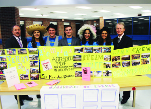 LOCAL SCHOOLS SHOWCASED A showcase of local schools was held recently at Mayfield Secondary School. Groups from several schools in the Caledon area were manning displays, including the Link Crew from Mayfield. They help liaise with elementary school students entering high school. Trustee Stan Cameron is seen here with Link Crew members Marissa Palermo, Jonathan Robertson, Andrew White, Michela Pirruccio and Sanjana Verma, along with Mayfield Principal Bill Matthews. Photo by Bill Rea