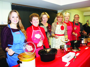 SOUP'S ON! Last Friday saw the hall at Inglewood United Church packed for the annual Soup and Sing Supper. There were various types of soups to try. Servers included Katherine Schmidt, Margaret Shier, Sue Graham, Tamara Schmidt, Nell Crathern and Roger Crathern. Photo by Bill Rea