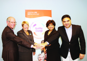 Central West LHIN CEO Scott McLeod, Headwaters President and CEO Liz Ruegg, LHIN Board Chair Maria Britto and Brampton West MPP Vic Dhillon were all on hand recently for the opening of the Bolton-Caledon Health Link. Photo by Bill Rea