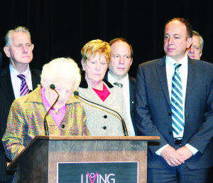 Mississauga Mayor Hazel McCallion was flanked by a number of her fellow mayors, including Caledon's Marolyn Morrison Friday as she announced they were going to seek financial help fro the federal and Provincial governments in light of last month's ice storm. Photo by Bill Rea