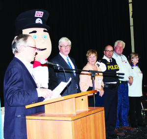 HomeJames Caledon Chairman Tayler Parnaby was on stage at the recognition evening, accompanied by the HomeJames Mascot, Dufferin-Caledon MP David Tillson, Mayor Marolyn Morrison, Caledon OPP Inspector Tim Melanson, local HomeJames chapter president Stan Janes and Vice-President of Operations Diane Tolstoy.