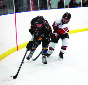 The Caledon minor peewee Hawks A team took on the squad from Brampton during OMHA playoffs at Caledon East Sunday. The Hawks left the ice with a 5-2 win to take their second consecutive playoff game. Photo by Brian Lockhart