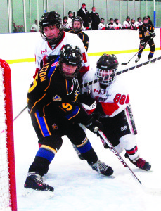 The Caledon Hawks minor bantam AE team took on Brampton during a playoff game at Caledon East Sunday. The Hawks will continue on to the Tri-county level when this series is over. Photo by Brian Lockhart