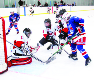 The Caledon Hawks atom A team played the Oakville Blades during game one of the Tri-County playoffs. The Hawks had to settle for a 1-0 loss when the Oakville squad scored with a little more than three minutes remaining in the third period. Photo by Brian Lockhart