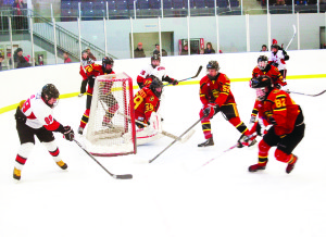 The Caledon bantam Hawks AA team took on the Guelph Gryphons during Tri-Country playoff action at Caledon East. The Hawks played a solid defensive game to leave the ice with a 1-0 win over the visitors. Photo by Brian Lockhart