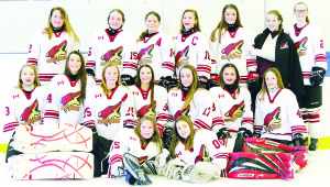 PEEWEE COYOTES GOING TO PROVINCIALS The Caledon Coyotes Girls' peewee BB hockey team has qualified for Provincials; a first in the history of the Coyote organization. They had to beat out the Orangeville Tigers in a three-game series to advance, and the task was completed in two. Congratulations to the organization, the coaching staff and of course, the players. The team consists of (front row) Melanie Bristoll, Addyson Proulx, (middle row) Emma Ryan, Lindsay Core, Amy Norris, Megan Norris, Jessica Mansueto, Emma Nelson, Abbie McHardy, (back row) Tia Way, Jenna Ford, Miranda Wheeler, Carly Pleasance, Sydney Mizzi, Kortney Bullied and Jennifer Gee.