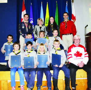 These Cubs were recognized for completing the Fun Leadership EXperience (FLEX). Dufferin-Caledon MPP Sylvia Jones and MP David Tilson were on hand for the presentation, along with Venturer Alexander Court, Yellow Briar District Youth Rep Chloe Gunter and Commissioner Derek Mumford, to (front) Erik Mumford, Christopher Dunn, Blake Livingston, Nicholas Munich, (back) Jacob Rossi, Riley Archdekin, Gianluca Cudizio and Aidan McCulloch.