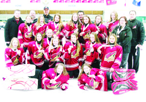 COYOTES TAKE BRONZE It was another first for the Caledon Coyotes Girls Hockey Organization; namely Bronze medals in the Lower Lakes Female Hockey League Championship Weekend for the Peewee BB team. For the deciding game, the girls game back from a 2-0 deficit to win in overtime with only 30 seconds left. Congratulations to the hard-working young ladies for the great accomplishment for themselves and the organizations. Coaching staff, parents and fans were very proud of all of them. The team will now be preparing for Provincials, and another great weekend of tournament playing, but this time it will include all of Ontario. Seen here are (front row) Melanie Bristoll, Addyson Proulx, (second row) Emma Ryan, Megan Norris, Jennifer Gee, Amy Norris, Lindsay Core, Jessica Mansueto, Emma Nelson, (third row) Josh Bullied, Miranda Wheeler, Bill Bullied, Abby McHardy, Steve Nelson, Tia Way, Jenna Ford, Paul Pleasance, Sydney Mizzi, Carly Pleasance, Kortney Bullied, Kari-Ann Way and Kevin Norris. Submitted photo 