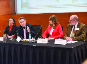 Caledon resident Debbe Crandall joined environmental lawyer and advocate David Donnelly, Ontario Greenbelt Alliance Coordinator Erin Shapero and Bob Patrick, former  president of the Coalition on the Niagara Escarpment, at last week's panel discussion. Photo by Robert Brown