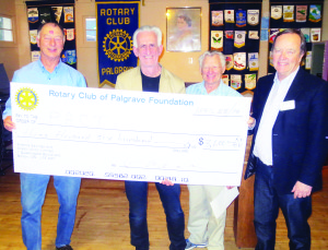 ROTARY SUPPORTS PACT Members of the Rotary Club of Palgrave recently heard some details about Participation, Acknowledgement, Commitment, Transformation (PACT), an urban peace program which supports at-risk youth. Program Co-founder and President David Lockett (second from left) delivered the talk, and also accepted this contribution of $3,600 from Rotarians Trevor Hawkes, Ross Farrelly and Club President Ron McIntosh. Photo by Bill Rea