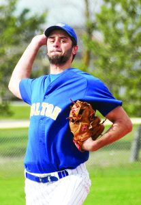 Bolton Brewers pitcher Trent Barwick goes into the wind-up during the first game of a double header against the Orangeville Giants Saturday at North Hill Park in Bolton. The Brewers lost the first game but came back with a win in game two. Photo by Brian Lockhart