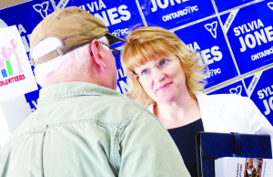 Progressive Conservative incumbent Sylvia Jones greeted about 20 supporters at the opening of her campaign office in Orangeville Saturday.