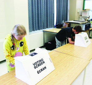 BELFOUNTAIN VOTES Belfountain Public School Grade 5 students Enya Waters and Alex Goulding were getting in some practice voting in anticipation of last week's provincial election. Students from Grades 2 to 6 were filled in on the positions of the various parties before being allowed to cast ballots. Their version of the election was held a week before the real thing, but the results were withheld until after the polls had closed for real. New Democrat Rehya Yazbek was in the lead among the students with 33 votes, followed by 29 for Green Party candidate Karren Wallace, 18 for Liberal Bobbie Daid, 13 for Progressive Conservative Sylvia Jones and nine for Libertarian candidate Daniel Kowalewski. Photo by Bill Rea