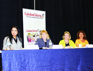 Sparks flew to an extent last Thursday as issues were discussed at the all-candidates' meeting, held by the Caledon Chamber of Commerce at James Bolton Public School. Liberal Bobbie Daid, Progressive Conservative Sylvia Jones, Karren Wallace of the Green Party and New Democrat Rehya Yazbek were ready to go. Photo by Bill Rea