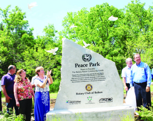 Doves were released as part of Saturday's official opening of the Rotary Club of Bolton's Peace Park at Dick's Dam Park. Mayor Marolyn Morrison and Club President Bruce Forbes unveiled the Commemorative Stone.