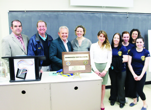 Humberview teacher Andrew Cresswell, Bolton Rotarians Bruce Forbes and Murray Stewart, Shannon McCauley from Student Success, student Sarah Sgambelluri, teacher Leanne Gignac, student Arielle Barber, teacher Irma Quintal and Student Katlyn Sarris were all taking part in the official opening of the Humberview Writing Centre.