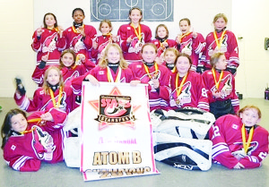 The victorious Caledon Coyotes atom B rep team consists of (front) Grace Davey, Lilah Drew, (middle) Morgann Symons, Aysia Maurice, Leah Hanrahan, Hayley McNaney, Lily Hurley, Rachel Samson, Breanna Hifawi, (back) Amelia Rappoccio, Cyanne John, Chantal Patterson, Orly Ferris, Sami Marto, Riley Lane and Christina Catanzariti. Emma Lynch is missing from the photo.