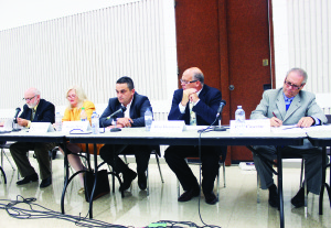 Candidates Ian Sinclair, Nancy Stewart, George Niras, Allan Thompson and Gary Cascone squared off at last week's meeting in Bolton, hosted by the Caledon Chamber of Commerce. Photo by Bill Rea