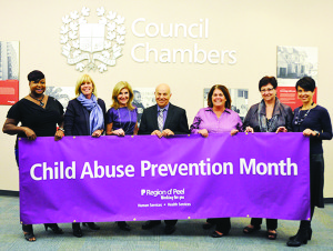Members of the Human Services Leadership Team at Peel Region, who were proclaiming Child Abuse Prevention Month, are Juliet Jackson, director of Service System Management Housing and Strategic Planning, Policy and Partnerships; Janet Menard, commissioner of Human Services; Sonia Pace, director of Children's Services Operations and Community Partnerships; Regional Chair and CEO Emil Kolb; Suzanne Finn, acting director of Integrated Business Support; Joan Kaczmarski, director of Service System Management Early Learning and Child Care and Office of System Innovation; and Stella Danos-Papaconstantinou, director of Client Relationships and Client and Community Access Photo submitted