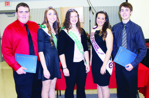 Saturday's Farm Family of the Year banquet saw the presentation of Peel Federation of Agriculture 2014 Scholarships. Recipients Colin French and Greg Reid are seen here flanking Bolton Fair Senior Ambassador Julie French, Junior Ambassador Caitlyn Kolb and Peel-Dufferin Queen of the Furrow Julia Thompson. Scholarship recipients Graham Jefferson and Robert Matson were absent for the photo.