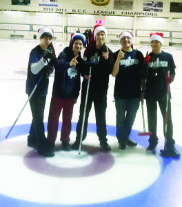 HUMBERVIEW WINS AT CURLING The new Humberview Huskies Boys' Curling Team dominated the invitational St. Roch's bonspiel for new school teams recently at the Brampton Curling Club. They swept all three games, including an exciting come-from-behind win in the second match, to score the highest points total and win first place. The new team consists of (left to right) skip William Gates-Crease, lead Ryan Antiochos, vice Chris Dywanski, second Mike Triglav, and fifth Jonathan Quintal. Although they are a bantam boys team, they will be curling in the Senior Open Boys division for their ROPSSAA games. The Huskies thank their Humberview staff supervisor Ms. Quintal and their OCA competition coach Skid Crease for their support and training.