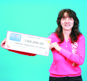 CALEDON RESIDENT WINS RECENT ENCORE DRAW  Catherine Magermans of Caledon is celebrating after winning $100,000 with Encore in the Dec. 12 Lotto Max. “I was Christmas shopping and decided to go to the gas station to check my ticket,” recalled Magermans. “I scanned the ticket in the self-checker. When it said I was a winner I thought it was a mistake.” She asked the store employee to validate her ticket. “That's when the words ‘Big Winner' appeared on the screen,” she said. “We received a call from OLG at the store and a redemption slip was printed.” Still in shock, the long-time lottery player phoned her husband. “He was calm but he couldn't believe it!” The winning ticket was purchased in Brampton.  Photo submitted