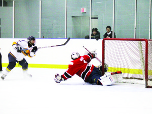 Derek Czech hits the post in a shootout in the Golden Hawks' 2-1 loss to the Orillia Terriers Sunday.