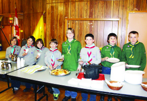 Local Cubs and Scouts were out in force to serve hungry people at the annual dinner held at the Alton Branch of Royal Canadian Legion. Seen here at the serving table are Ethan Firsoff, Jacob McGibbon, Caleb Firsoff, Thomas Coleman, Brandon Little, Sean Sweeney, Dylan Villmann and Vinton Overholt. Photos by Bill Rea