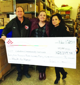 Seen here, surrounded by food at The Exchange at 55 Healy Rd. in Bolton are CRHA Vice-President Glen Davis, Fiona Coughlin, director of fundraising and communications for Caledon Community Services, and CRHA parent volunteer Maria Ellis. Sheryl Lowe, in charge of CRHA fundraising, is missing from the photo.