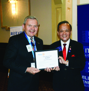 ROTARIAN HONOURED FOR YEARS OF SERVICE Bolton Rotarian Murray Stewart recently received recognition from Rotary International President Gary C.K. Huang for his 47 years of “Service Above Self.” Huang, who lives in Taipei, Taiwan, has an office for his year at Rotary's Headquarters in Chicago, from which he travels the globe providing leadership to 1.2 million Rotarians in 34,558 clubs. In addition, through local clubs, there are 566,375 students involved with Rotaract (college and university) and Interact (secondary school). Bolton's Humberview Secondary School has an active Interact Club. Photo submitted