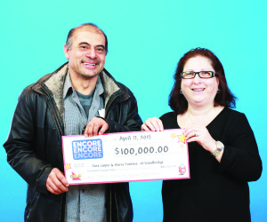 CELEBRATING AN ENCORE WINDFALL Jose Lopez of Woodbridge and Maria Fontana of Bolton are celebrating after winning $100,000 with Encore in the April 15 Lotto 6/49 draw. This winning ticket was purchased at Whitmore Convenience on Whitmore Road in Woodbridge. Photo submitted 
