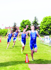 Some of C3's elite athletes put on a triathlon demonstration. David Hopton was first across the finish line, followed by Oliver Blecher, Andrew Yorke and Sean Bechtel.