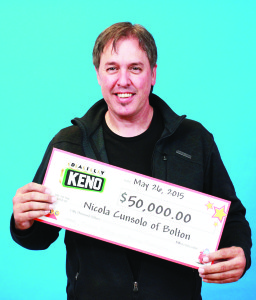 BOLTON MAN WINS $50,000 WITH DAILY KENO Bolton resident Nicola Cunsolo played his way to win $50,000 in the May 24 Daily Keno draw. Cunsolo matched all seven numbers on his $10 Seven-Pick to win the top prize. Daily Keno players pick their strategy (from a Two-Pick to a 10-Pick) and pick their bet ($1, $2, $5 or $10) to pick their prize. The winning ticket was purchased at Tomas Convenience on Queen Street in Bolton.
